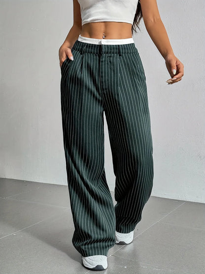 Fashion Pants Women's Stripe Straight Pants 2024 Autumn Winter High Waisted Casual Suit Pants Office Lady Women Trousers Bottoms