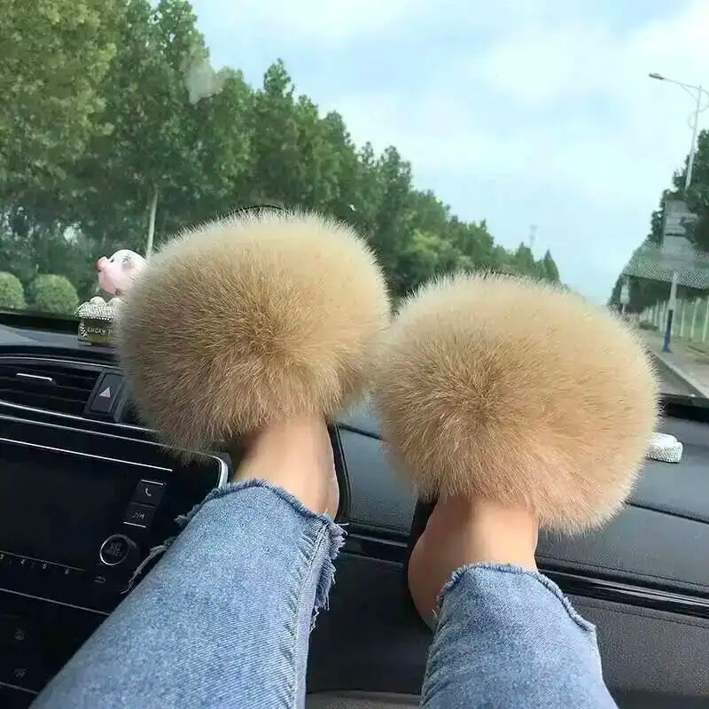 Fur Slippers Women Summer Fluffy Plush Casual Fluffy Flat Non-Slip Real Fox Fur Slides Outdoor Flat Ladies Sandals Flip Flops