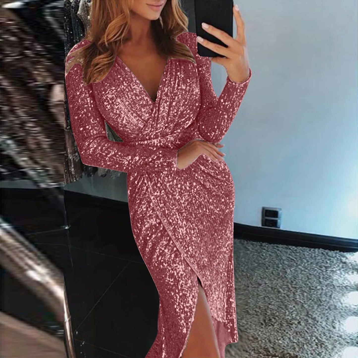 2024 Autumn Winter Gold Sliver Pink Sequined Party Dress Women Front Split Bodycon Party Vestidos Bling Clubwear Dress Vestidos