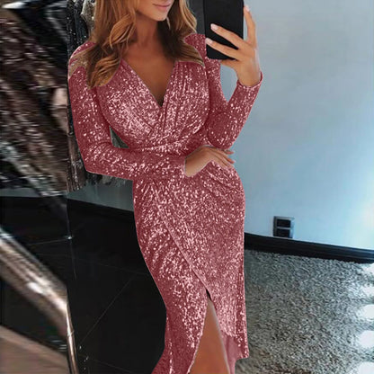 2024 Autumn Winter Gold Sliver Pink Sequined Party Dress Women Front Split Bodycon Party Vestidos Bling Clubwear Dress Vestidos