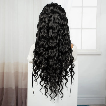 28inch 13x6 Transparent Lace Front Natural Deep Wave Hair Wigs with Cornrow Braids Synthetic Curly Brazilian Hair Wig for Women