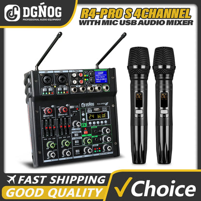 4 Channel Karaoke Audio Mixer with Dual UHF Wireless Microphone USB Bluetooth DJ Mixer for Party Computer Studio Recording DGNOG
