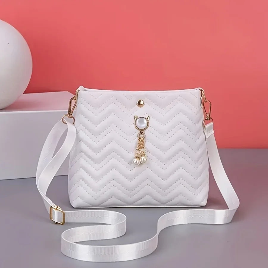 Women's Quilted Crossbody Bag with Cat Pearl Pendant - Elegant Shoulder Purse for Holiday gifts, 2025 Stylish Novelty Handbag