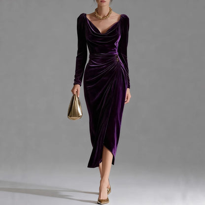 2025 European and American Women's Casual Gold Velvet Sexy New Long-Sleeve Slim Pleated Long Split Bodycon Dress