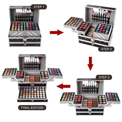 Complete Makeup Kit for Women & Girls: Eyeshadow, Lip Gloss, Concealer, Blush, Brushes & More in Black Set