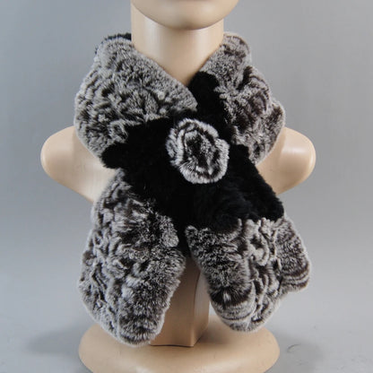 Hot Russian Women Knit Real Rex Rabbit Fur Scarf Lady Fashion Floral Rex Rabbit Fur Mufflers Hot Winter Warm Natural Fur Scarves