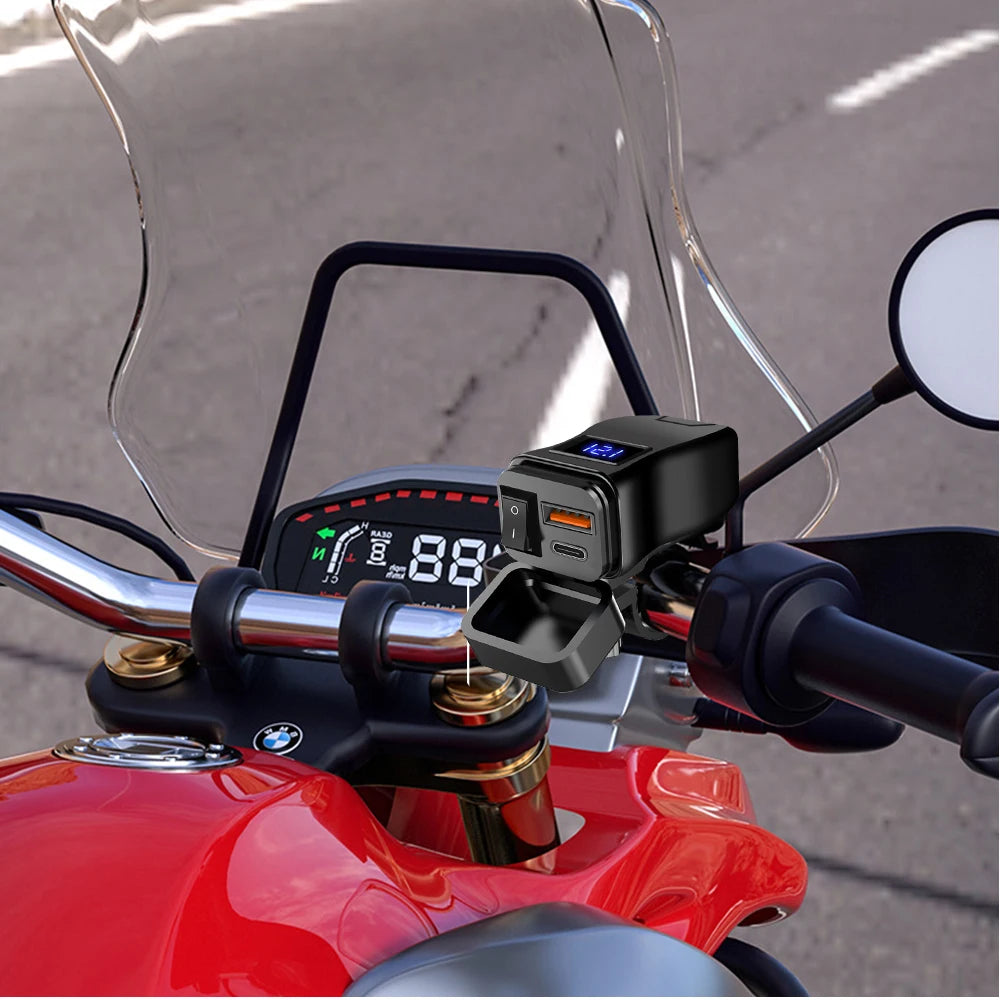 PD QC3.0 Motorcycle USB Fast Charger 60W Handlebar Dual USB Socket with Switch Voltmeter Waterproof 12V Power Supply Adapter