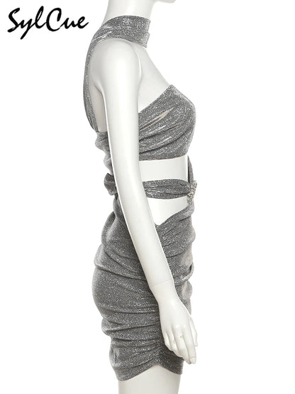 Sylcue Solid Color Flash Hollow Summer Bachelor Party Sexy Mature Beautiful Confident Tight Hot Cool Women's Halter Dress