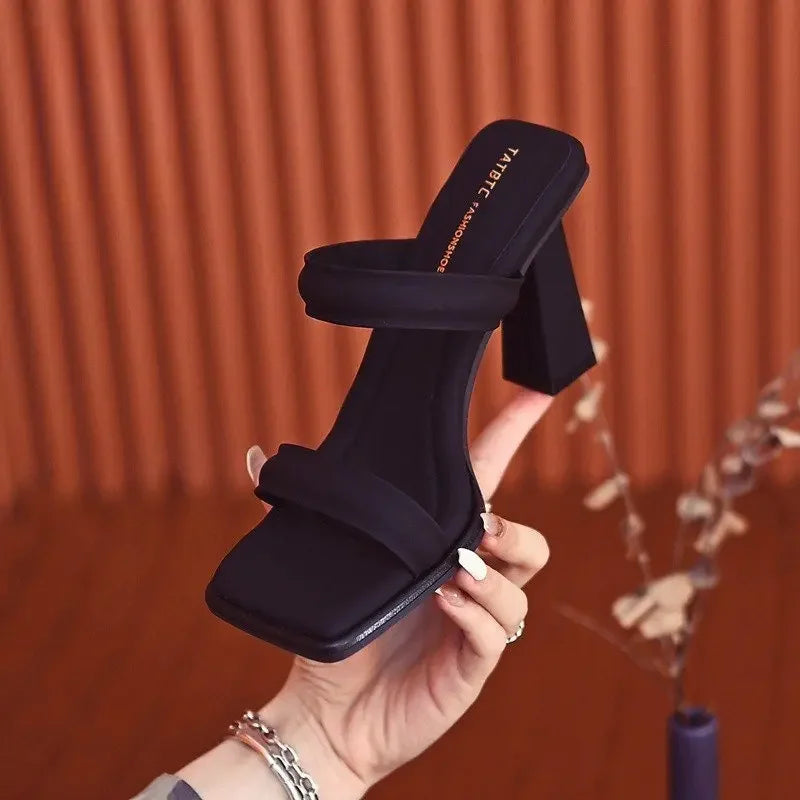 High-Heeled Shoes Lady Square heel'    Luxury Slides Block 2025 Summer Soft Designer Flat Rubber Fabr