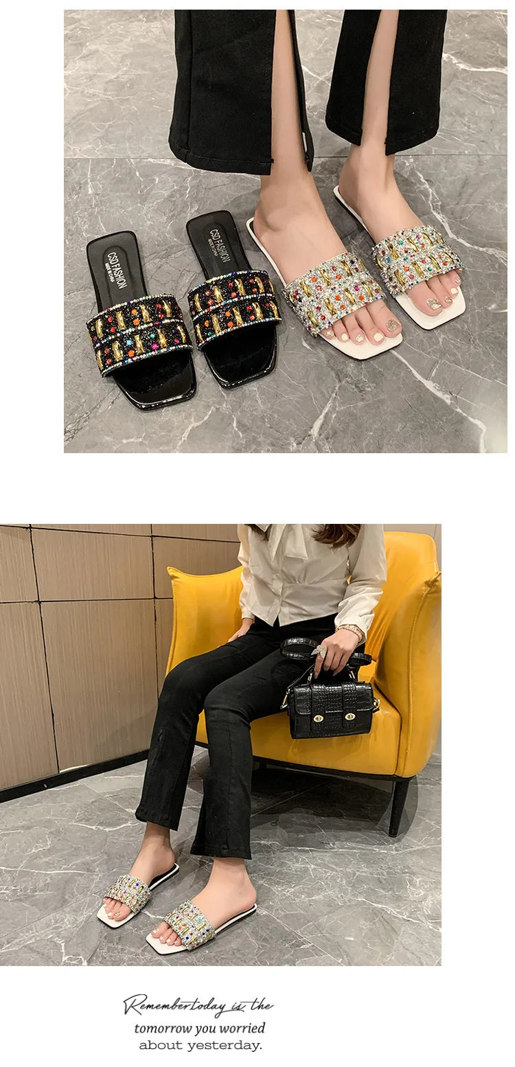 Slippers for Women Shiny Rhinestone Sandals Women Outdoor Beach Casual Shoes Sexy Fashion Big Size Flat Shoes Sandalias De Mujer