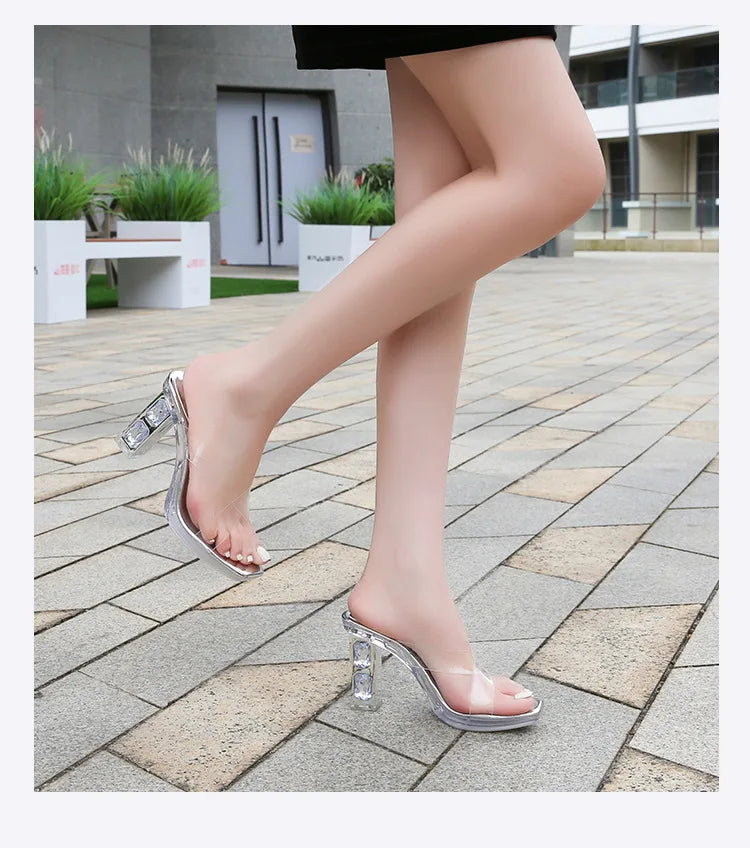 2025 Red High Heels 8cm Women Shoes Rhinestone Thick Heels Square Toe Ladies Pumps Cross Tie Straps Slippers Sandals Party Shoes