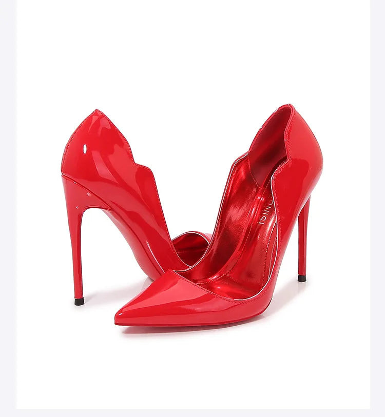 Black Curl Upper Women Patent PU Pointed Toe Stiletto 12cm High Heels Sexy Ladies Party Dress Shoes Club Dance Women Pumps