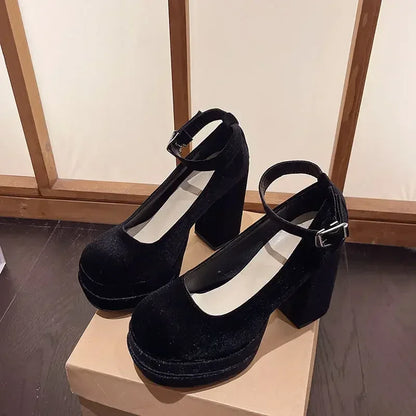Platform Mary Janes Shoes Women Suede Luxury High Heel Lace Up Trend Lolita Shoes Elegant Chunky Party Pumps Zapatos De Mujer