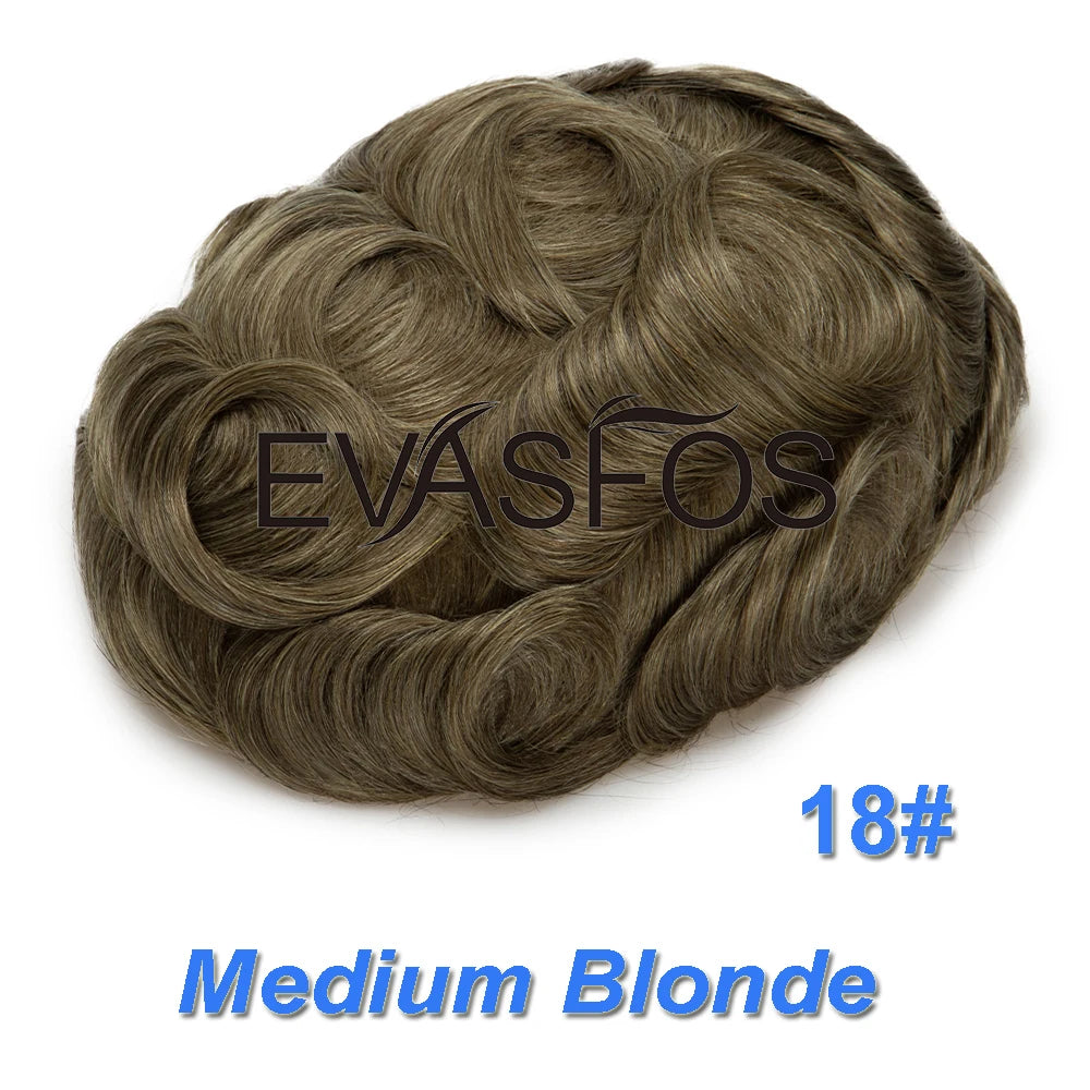 EVASFOS 0.02-0.04mm Super Thin Skin Men's Toupee Natural European Human Hair Male Wig Prosthesis Hair System For Men