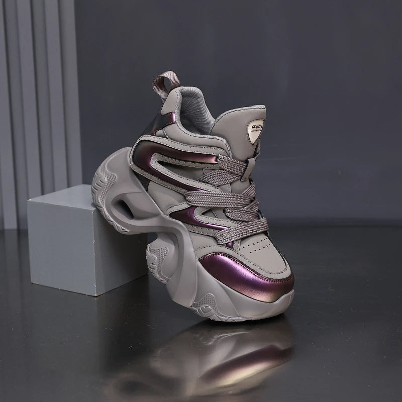 Chunky Platform Hidden Height Increasing Sneakers Casual Lace Up Shoes In White And Grey With Hollow Out Design For Streetwear