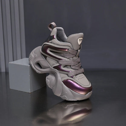 Chunky Platform Hidden Height Increasing Sneakers Casual Lace Up Shoes In White And Grey With Hollow Out Design For Streetwear