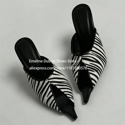 Zebra Print Faux Pony Hair Cutout High Heel Sandals Women Pointed Toe Slip on Stilettos Mules Sexy Party Ladies Dress Sandals