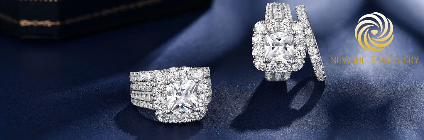 Newshe 2Pcs 925 Silver Wedding Rings Set for Women Halo Princess Cut White Cubic Zircon Vintage Luxury Jewelry Engagement Ring