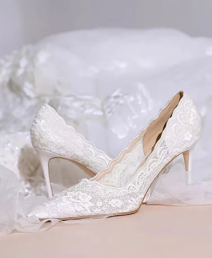 White Wedding Shoes Bridal Shoes Design Sense Niche Lace Pointed Stiletto Heel Shallow French High Heels Female Temperament