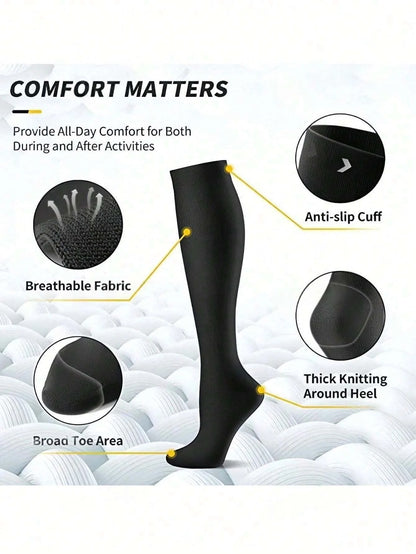 6 Pairs of Compression Socks - Unisex Knee-High Design with Soft & Lightweight Fabric, Low-Pressure Support for Nurses, Running,
