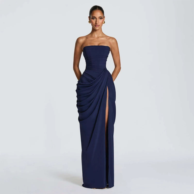 Elegant Yellow Strapless Pleated Dress Women Chic Sleeveless Waist Cinching Split Maxi Gowns 2026 Summer Lady Evening Party Robe