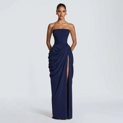 Elegant Yellow Strapless Pleated Dress Women Chic Sleeveless Waist Cinching Split Maxi Gowns 2026 Summer Lady Evening Party Robe
