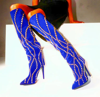 New European and American Women's Slim High Heels, Pointed Rivets, Knee Length Boots, Fashionable Party Oversized Mid Size Boots