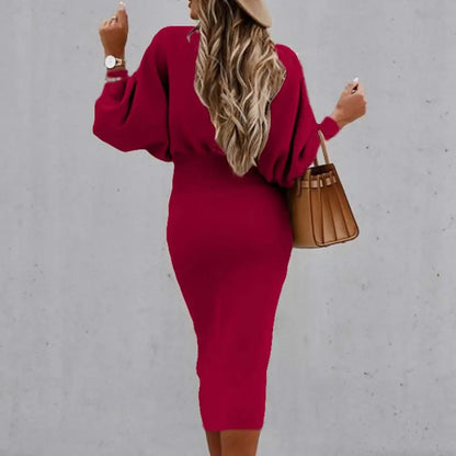 Women Autumn Dress Crew Neck Elegant Lantern Sleeve High Waist Women Bodycorn Dress Autumn Winter Office Ladies Midi Dress