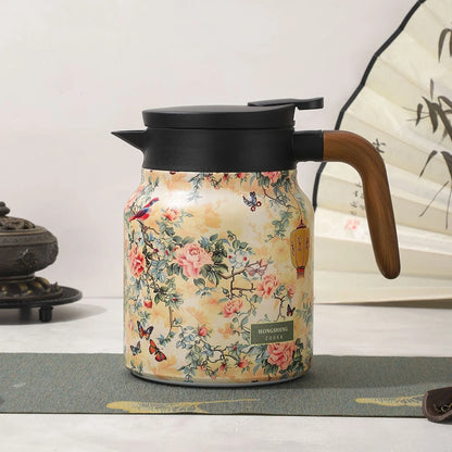 1000ml Vintage Floral Tea Thermos Stainless Steel Tea Kettle Drip-Proof Tea Pot With Tea Infuser Mini Thermo Coffee Pot