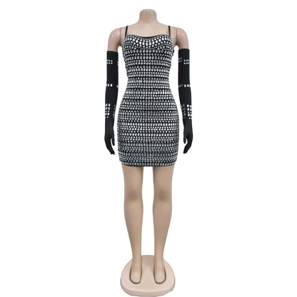 GLCMYAYA Women Diamonds Hot Rhinestones Crystal Spaghetti Strap Birthday Bodycon Midi Dress Sexy Party Even Dresses Vestidos