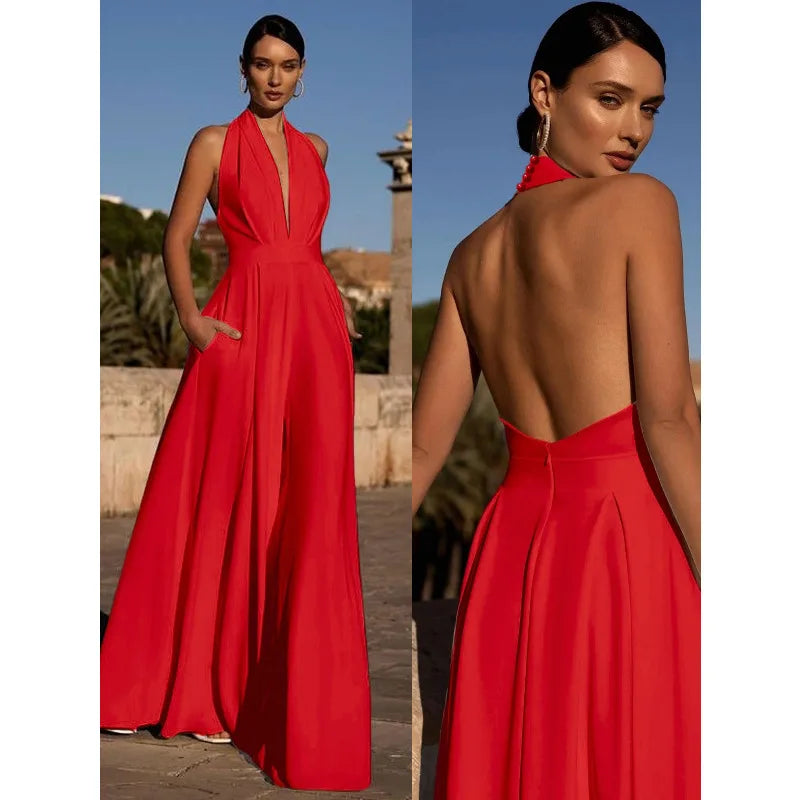 Elegant Women Corset Party Jumpsuit Y2K Sexy Halter Backless Loose Wide Leg Trousers Palazzo Pants Romper Celebrity One Pieces