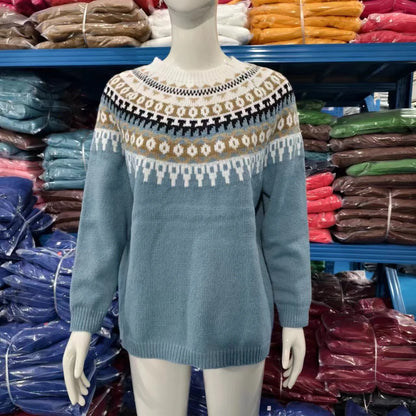2025 Spring Knitted Women Sweater Print O-neck Long Sleeve Casual Loose Sweaters Female Winter Elegant Trendy Ladies Clothes
