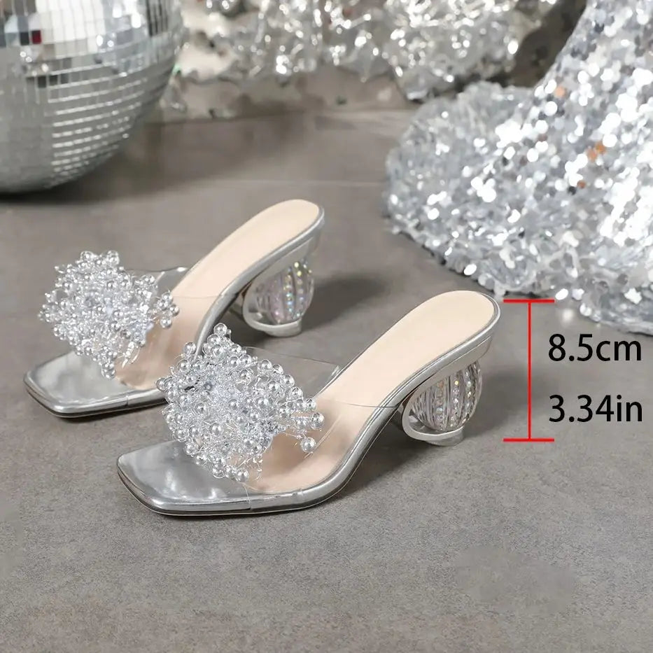 New Women High Heels Water Diamond Flower Sandals with Transparent Thick Bottom Women Shoes Party Dress PVC Slippers Mules Shoes