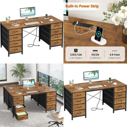 50-inch Rustic Brown Study Desk with 8 Drawers, Power Outlets for Home Office and Gaming