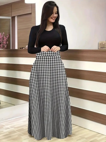 New flower print color blocked long sleeved dress for 2025