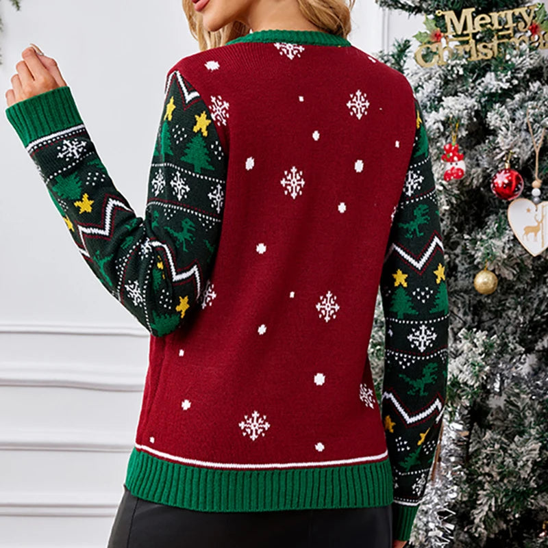 Christmas Dinosaur LED Lighting Sweater Red Green Color Block Pullover O Neck Novelty Sleeve Print Fun Holiday Family Gift