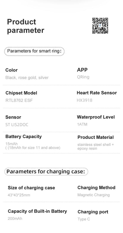 Touch Display Smart Ring R11C with Charging Box-1ATM Waterproof Step Health Tracker 5.2 BLE Heart Rate Blood Oxygen Monitor
