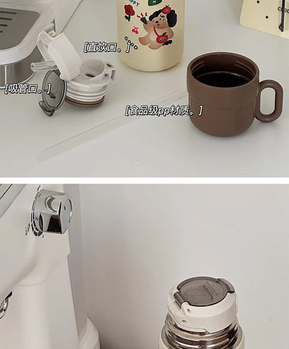 500ml Cartoon Stainless Steel Portable Thermos Cup,Cute Student Water Cup,Outdoor One Cover Dual-use Cup Vacuum Insulated Bottle