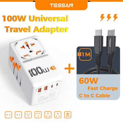 TESSAN 35W/65W/100W GaN Universal Travel Adapter with USB Ports Type C Fast Charging Power Adapter EU/UK/USA/AUS Plug for Travel