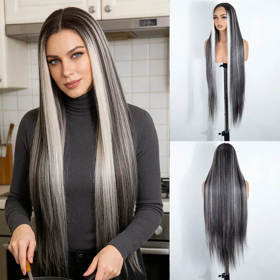 Noble 38 Inch Extra Long Straight Synthetic Lace Front Wig Skunk Stripe Grey White Ombre Glueless Heat Resistant Wig For Women