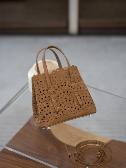 New Advanced Leather Tote Shopping Bag Wave Hollow out Basket Retro Suede Single Shoulder Slant Cross Mother Baby Bag