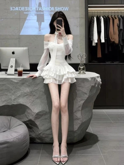 Korea Kawaii Sexy Dresses Punk Aesthetic 2000s Summer Sexy Girl Gentle Dress Chiffon Perspective Trendy Slim Tiered Short Dress