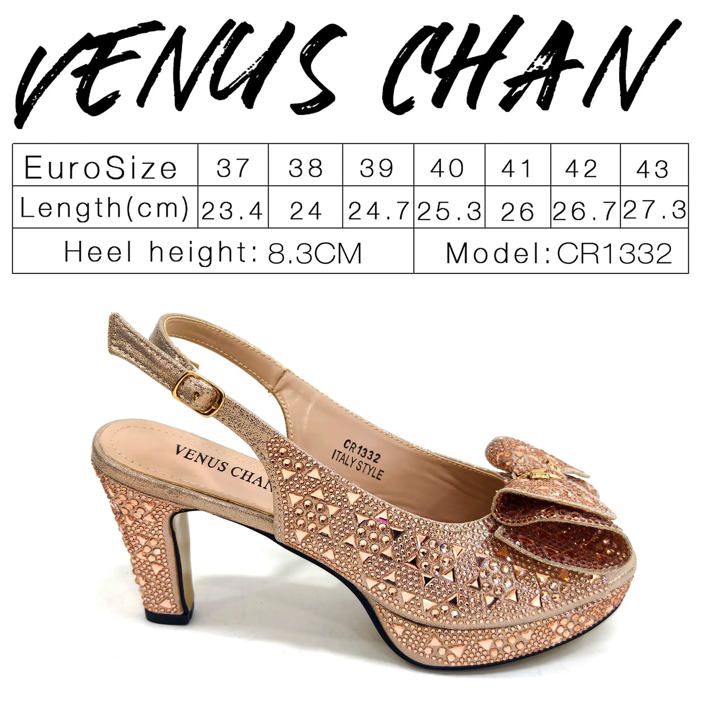 Venus Chan 2026 Women’s Italian Gold High Heels with Rhinestone Detail & Matching Bag Set - Stylish Pointed Toe Design