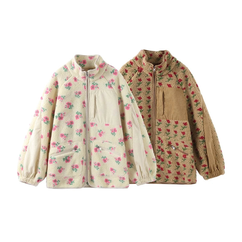 Fashion Lambswool Women's Coats Patchwork Long Sleeve Zipper Pocket Female Parka Jacket 2025 Autumn New Arrival Lady Outerwear
