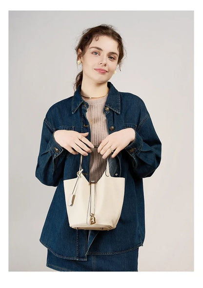 Genuine Leather Shoulder Bucket Bag Women Litchi Pattern Mini Basket Tote Soft Handbag Mommy Bride Wedding Bags with Lock