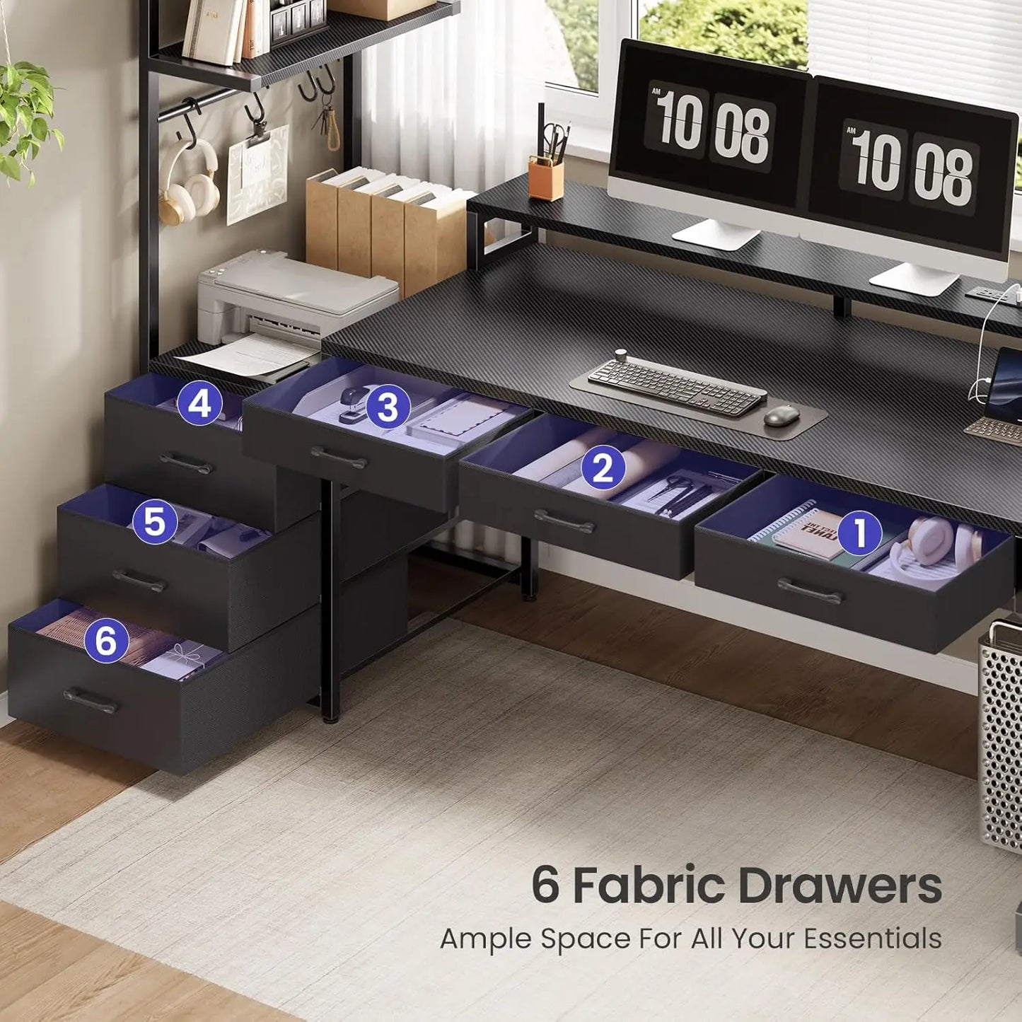 55" Gaming Desk with 6 Drawers, Corner Gaming Desk with Storage & LED Lights, Reversible PC Desk with Power Outlet,, Customized