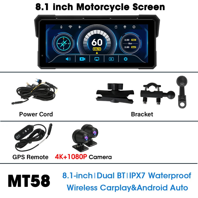 Jansite 8.1 Inch 4K Motorcycle CarPlay Screen 4K Dash Cam Wireless Android Auto Bluetooth GPS Navigation IPX7 Waterproof Display