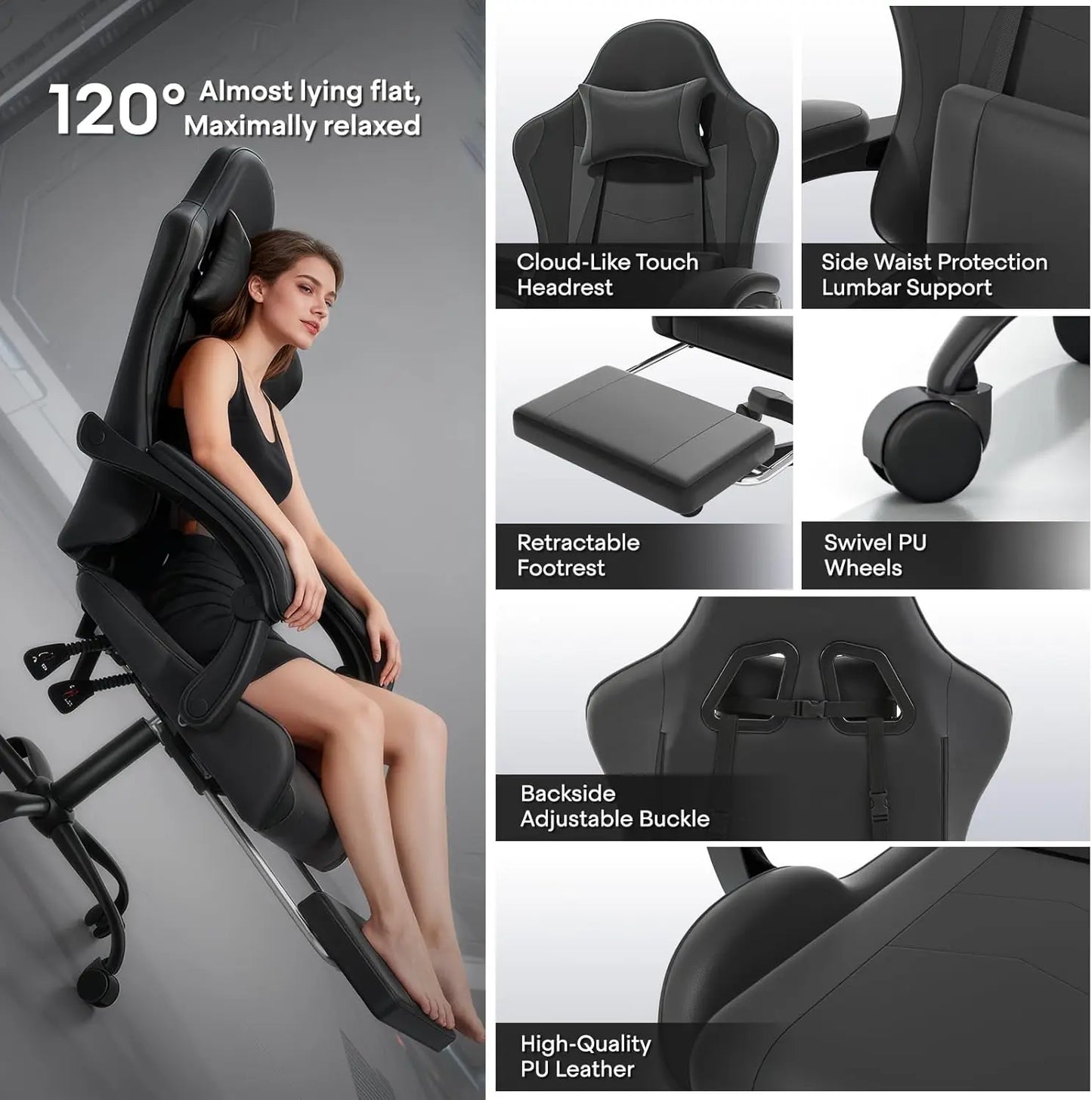 Gaming Chair, Ergonomic Gaming Chair with Footrest & Headrest Lumbar Support, Height Adjustable Swivel Compute