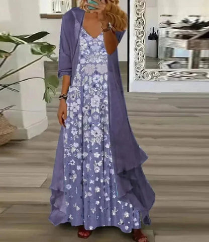 New 2025 Women's Floral Print Dress Two-Piece Set Inner Wear Polyester Fiber Short Sleeve Ankle-Length Regular Waistline