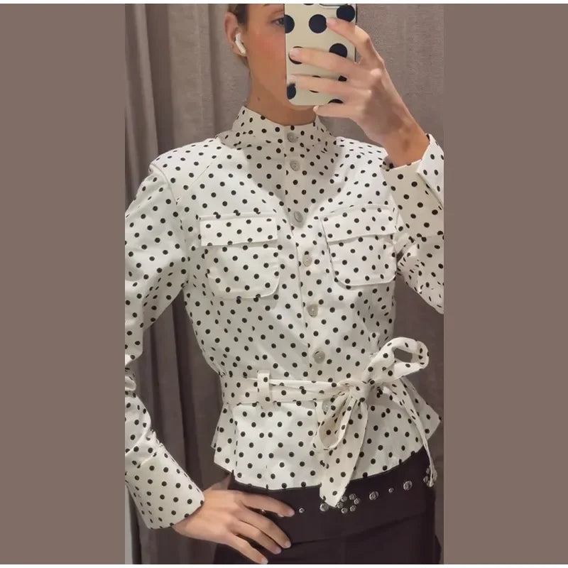 Fashion Polka Dot Cropped Pants Set For Women Y2K Stand Collar Lace Up Jacket High Waist Capri Pants Lady Street 2 Pieces Outfit
